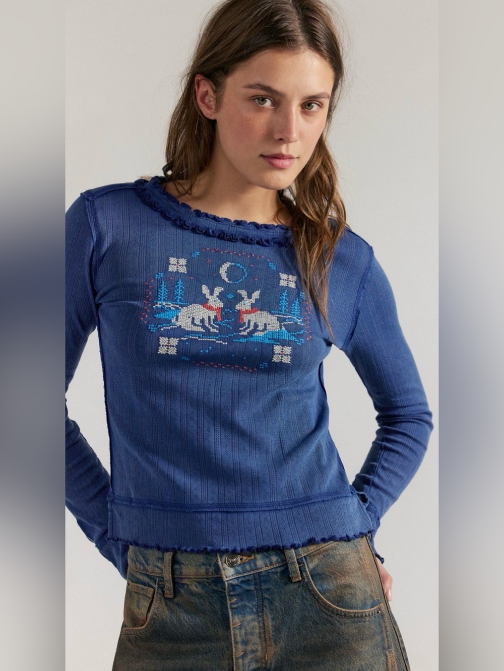 NWT Free People S We the Free Through the Woods Tee in Snow Bunny 🐰 Combo Blue - Picture 3 of 6